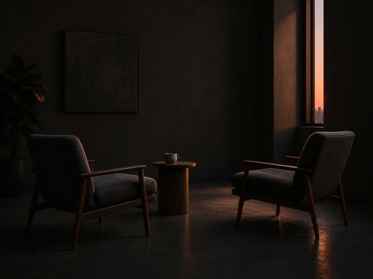 Two low chairs facing each other in a dim consultation room