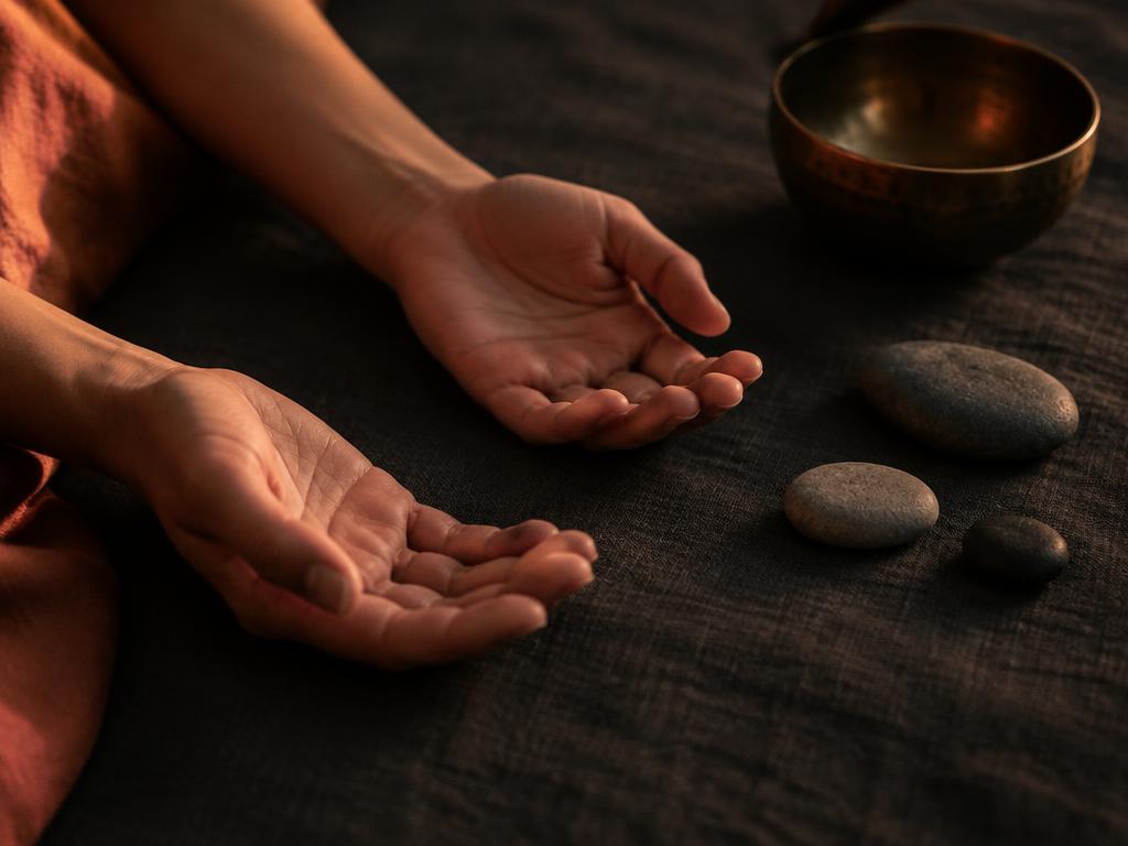 Two open hands resting palms up on dark linen beside smooth stones