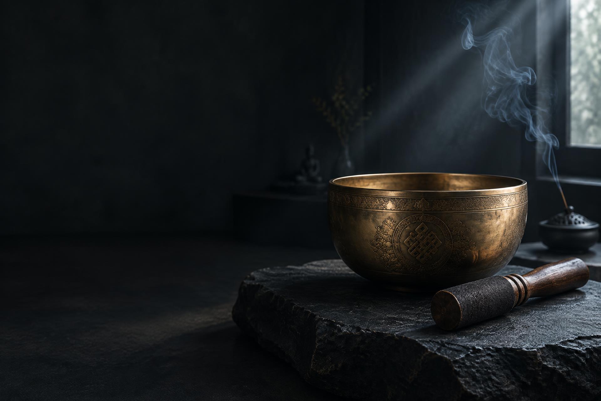 Bronze singing bowl and mallet in a softly lit, peaceful space